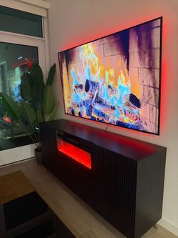 Modern Black Fluted TV Stand with Electric Fireplace