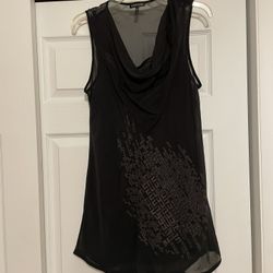 Eileen Fisher Black w/Gray Embroidered Silk Dress - Size Large