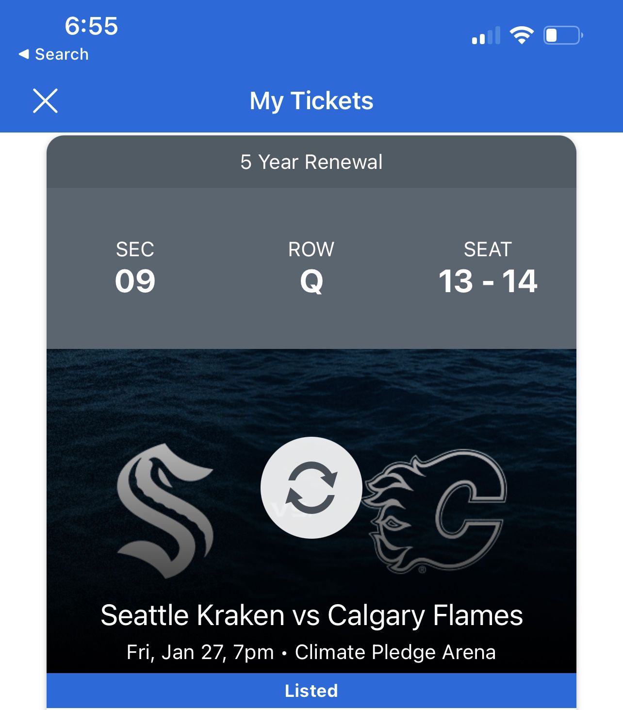 Seattle Kraken Vs Calgary Flames - Tickets (1/27) 