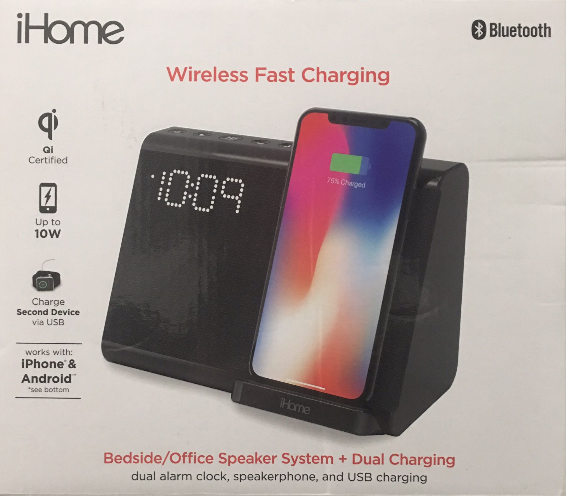 iHome Wireless Fast Charging, Qi-USB Charging-Bluetooth-Alarm Clock-Speakerphone