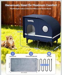 Weatherproof Heated Cat House for Outdoor Cats, Thickly Insulated Camper-Style Shelter with Thermostatic Heating Pad, Elevated Base & Skylight (Dark B