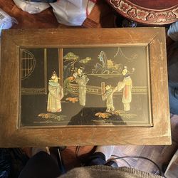 Old Asian/Chinese carved wood, applied stone table