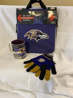 Baltimore Raves coffee mug gloves and duffle bag