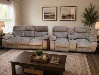 Beige Reclining Sofa & Loveseat Set – 4 Recliners + Cup Holders