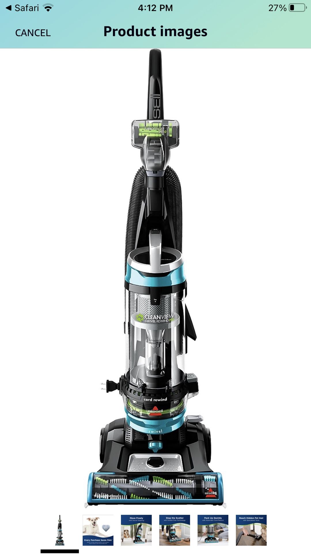 BISSELL 2254 CleanView Swivel Rewind Pet Upright Bagless Vacuum, Automatic Cord Rewind, Swivel Steering, Powerful Pet Hair Pickup, Specialized Pet Too