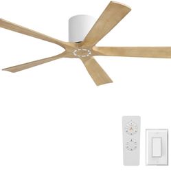52 Inch Flush Mount Ceiling Fan No Light - 5 Solid Wood Blades, 6-Speed Reversible DC Motor, Noiseless Low Profile Ceiling Fan without Light for Bedro