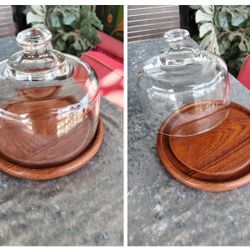 Vintage Teakwood Cheese Server With a Glass Cloche Dome-Brand is Dolphin 