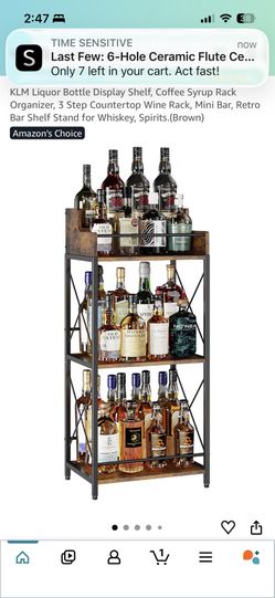 KLM Liquor Bottle Display Shelf, Coffee Syrup Rack Organizer, 3 Step Countertop Wine Rack, Mini Bar, Retro Bar Shelf Stand for Whiskey, Spirits.(Brown