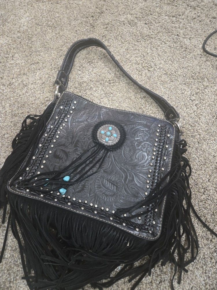 Montana West Genuine Leather Tooled Silver Turquoise Concho Fringe Crossbody