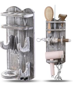 Rustic Wooden Hair Tool Wall Mount -Blowdryer & Styling Tool Holder for Bathroom