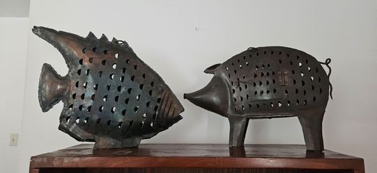 Metal Fish and Pig Lantern Sculptures Set of 2