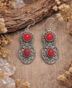 Southwestern Coral 2” Sterling Silver Earrings