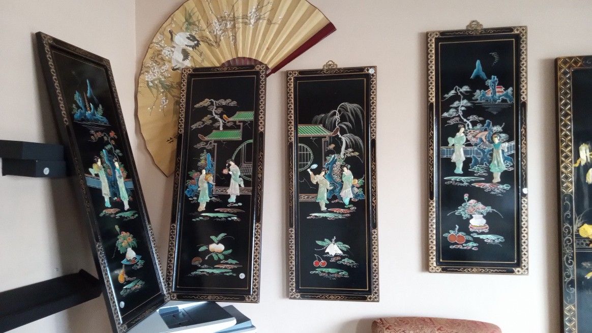 Oriental Black Lacquer Panels And Fan 