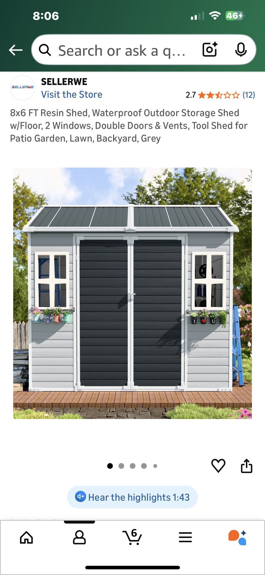 8X6 Resin Storage Shed $500