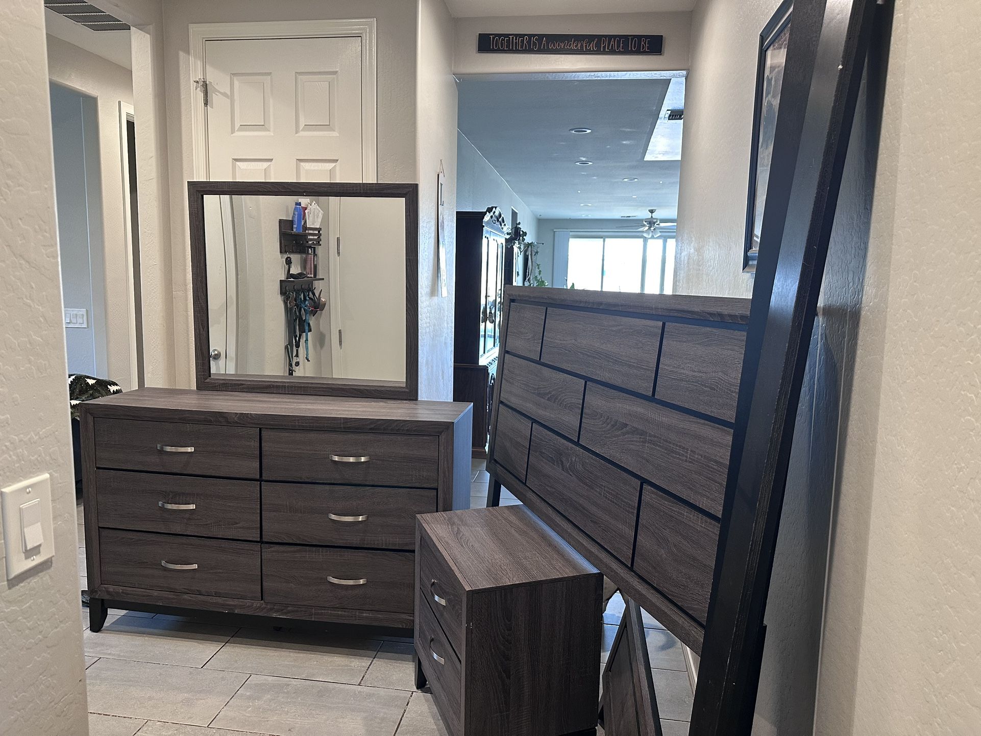 Bed Frame, Night Stand & Dresser With A Mirror