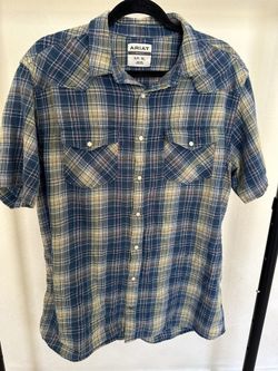 Ariat Shirt Adult XL Tall Blue Plaid Pearl Snap Retro Fit Button Western Mens