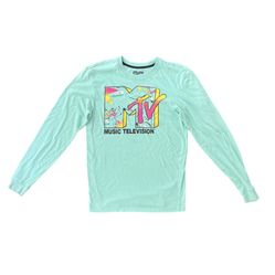 MTV Long Sleeve Logo Shirt Mens Size S Seafoam Green Music 90's Nostalgia 