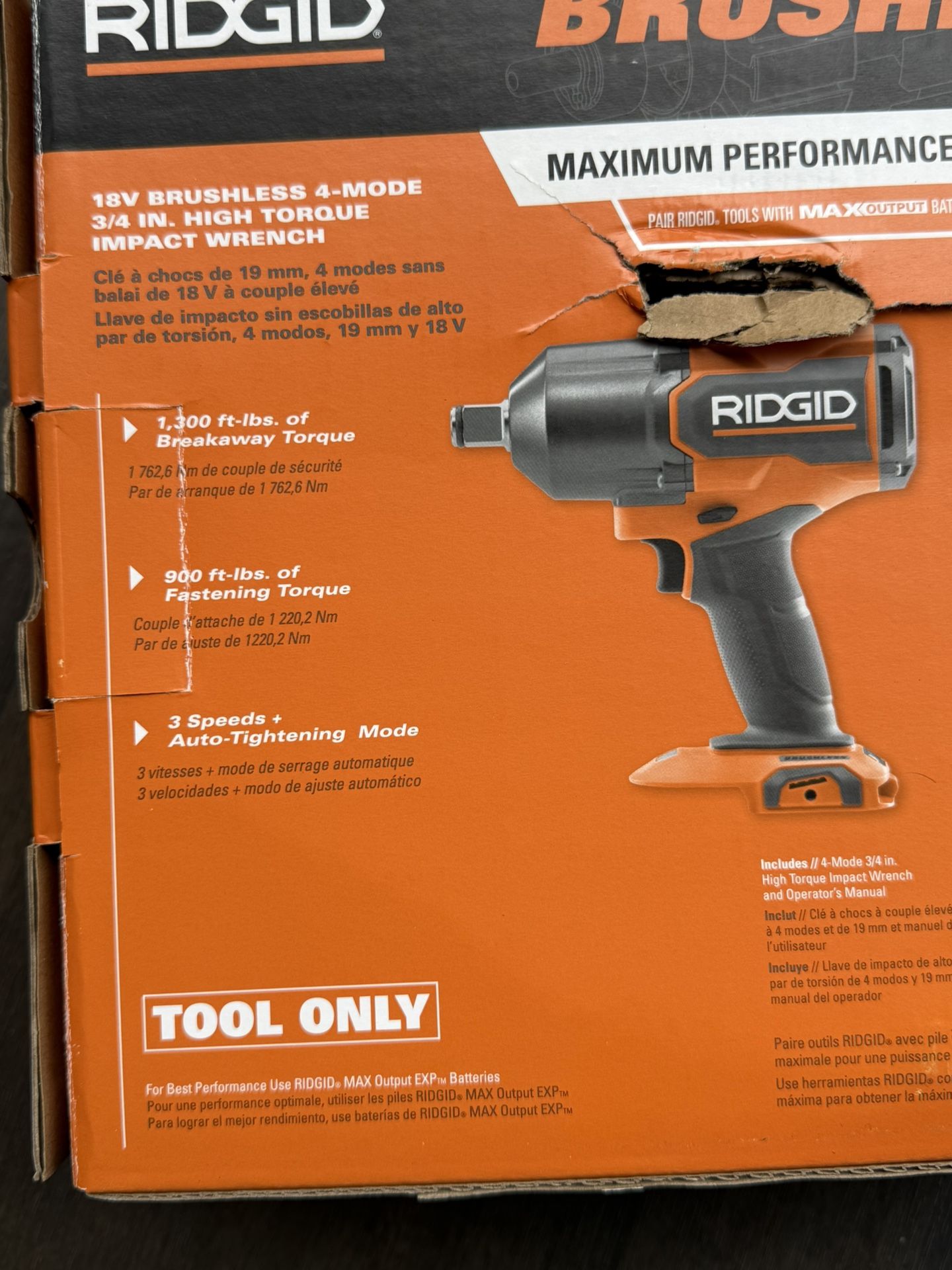 RIDGID 18V Brushless Cordless 3/4 in. High Torque Impact Wrench With 1 Battery 4.0