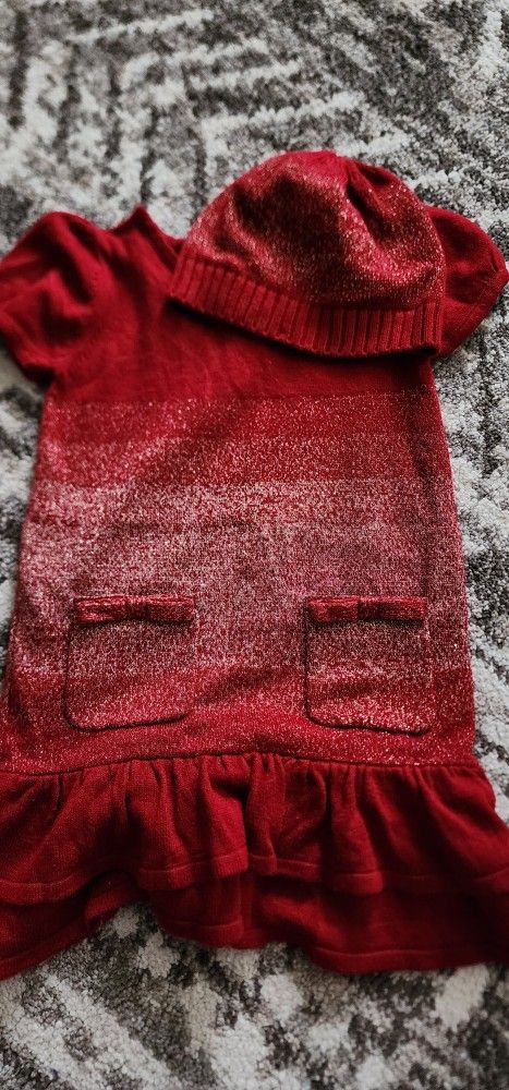 Girls 5t Sparkly Maroon Sweater Dress With Matching Hat