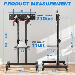 Mobile TV Cart for 32-85 Inch Screens up to 110 lbs, Height Adjustable Rolling TV Stand with Locking Wheels and Metal Shelf, Portable Outdoor Floor TV