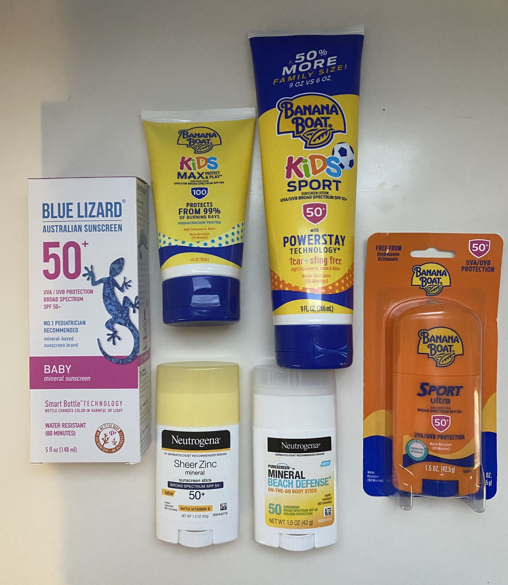 Sunscreen -Neutrogena,Banana Boat, Blue Lizard