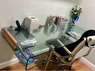 Modern Minimalist Tempered Glass Writing Desk,Transparent All Glass Workstation with Sleek Chrome legs