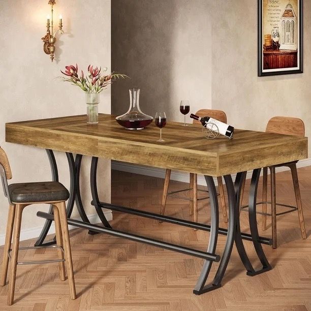 Finmind 63" Counter Height Bar Table with Metal Footrest, Rectangular Industrial Pub Table, Tall Home Bar Unit for Kitchen, Dining Room, Brown