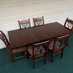 7-PC HEAVY DUTY SOLID WOOD DINING SET (TABLE WITH EXTENSION LEAF AND 6 WOOD WITH IRON PADDED CHAIRS)