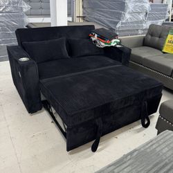 Sofa Black Corduroy Two Seater Pullout Bed Charging USB 