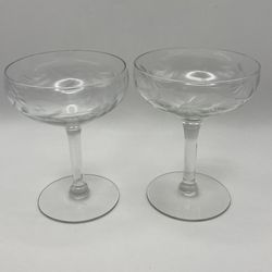 VTG Crystal Champagne Coupe or Sherbet Glasses Etched w/Flowers & Leaves 1950’s MCM ~ ELEGANT    