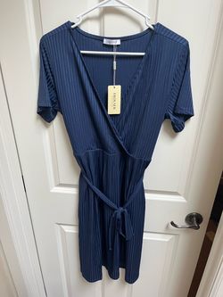 Ekouaer Navy Blue Ribbed Wrap Dress