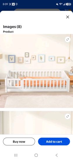 Twin Size Floor Bed, Montessori Floor Bed with Fence Rails and Door Design, Playhouse Bed Frame, Wooden Slats Support, White