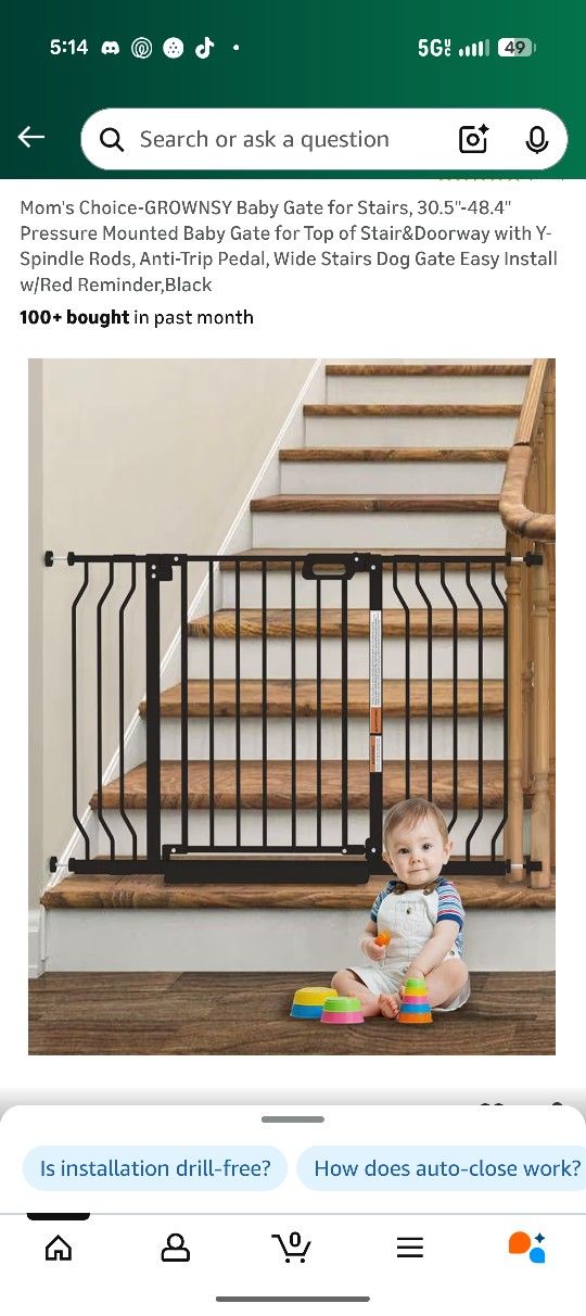 Mom's Choice-GROWNSY Baby Gate for Stairs, 30.5"-48.4" Pressure Mounted Baby Gate for Top of Stair&Doorway with Y-Spindle Rods, Anti-Trip Pedal, Wide 