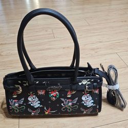 Ed Hardy Tattoo Print Shoulder Bag Satchel 3-Pocket Women's Purse Black NEW