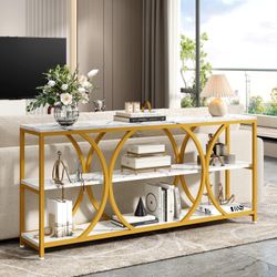 70.8 inch Extra Long Entryway Table,Narrow Sofa Table Behind Couch with 3 Tier Storage Shelves for Hallway, Living Room,Console Table with Gold Frame 
