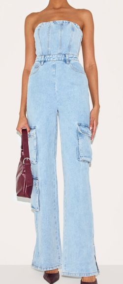 Pretty Little Thing LIGHT BLUE WASH CARGO POCKET DENIM JUMPSUIT Women’s Sz 2