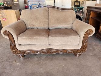 Loveseat wood carved trim, sofa, couch