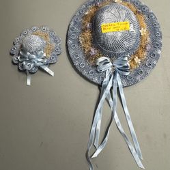 2 Piece Set: Blue Ceramic big hat, small hat with baby breaths, silk flowers, blue ribbons 