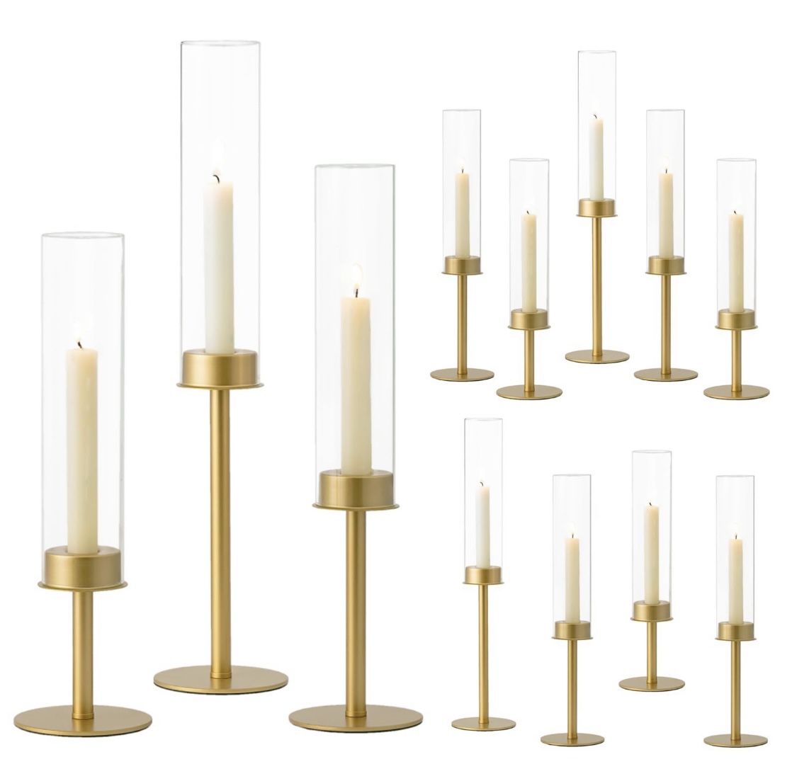 Hewory Gold Candle Holders Hurricane Candlestick Holders, 12Pcs Brass Candle Stick Candle Holder Candelabra, Taper Candle Holders With Glass Candle Co