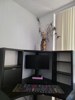 corner computer desk with a hutch NEGOTIABLE /corner workstation desk with shelving