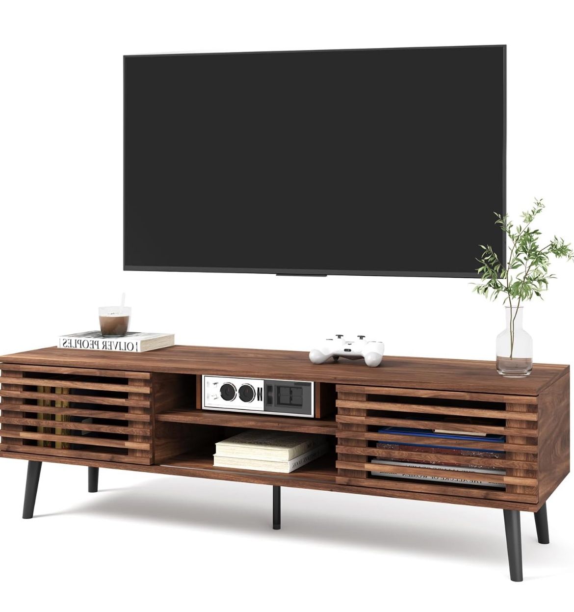 HAIOOU Mid Century Modern TV Stand, 52" Wooden TV Console with Slatted Sliding Doors and Storage for 50/55/60 Inch TV, Small Entertainment Center Medi