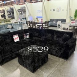Stylish 4-pc Sectional Sofa With Ottoman Fur-Like Corduroy 