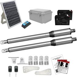 JUJIANG C01 Solar Gate Opener with Batteries & Solar Panel for Dual Swing Gates Up to 440lb per Arm Automatic Gate Opener with Remote Complete Kit Lig