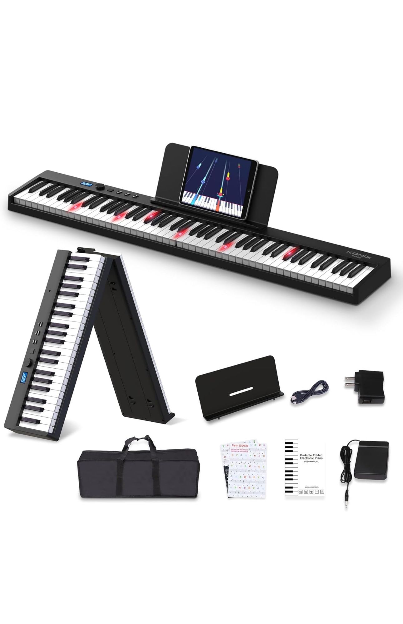 Folding Piano Keyboard, 88 Keys Full Size Semi-Weighted Foldable Piano, Portable Electric Keyboard Piano with Light Up Key, Sustain Pedal