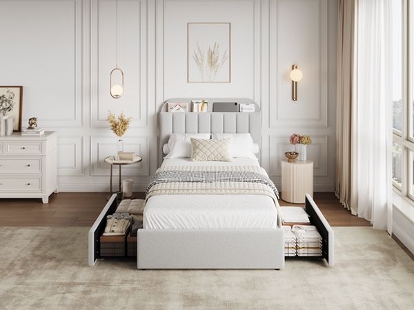 Twin Bed Frame with Storage Headboard, Kids Bed Frame with 2 Drawers, Boucle Upholstered Platform Bed with Bookcase, No Box Spring Needed, Easy Assemb