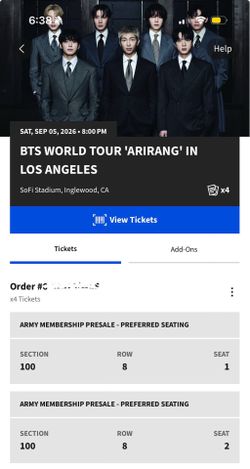 BTS tickets 9/5 Sofi Stafium