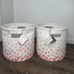 (Set of 2) AVA Multi-Use Storage Round Fabric Storage Basket with a pink heart pattern New with tags  H-14” 