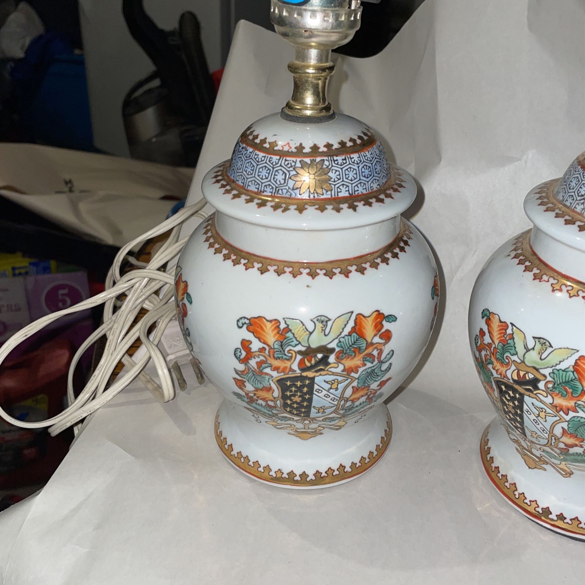 Two vintage lamps white wood flowers and gold trim