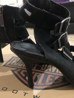 Harley Davidson stilettos, with 5 buckles heels sandals, shiny leather, sexy, size 9