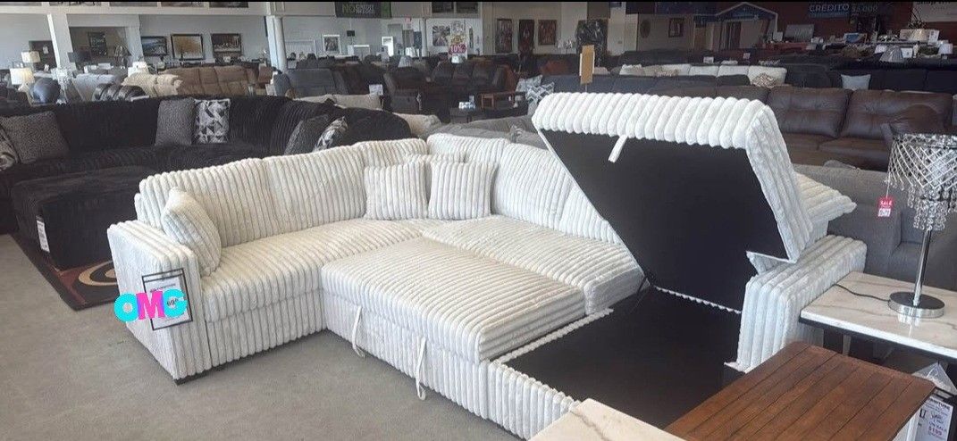WHITE CORDUROY BRAND NEW SECTIONAL WITH STORAGE & SLEEPER SAME DAY DELIVERY